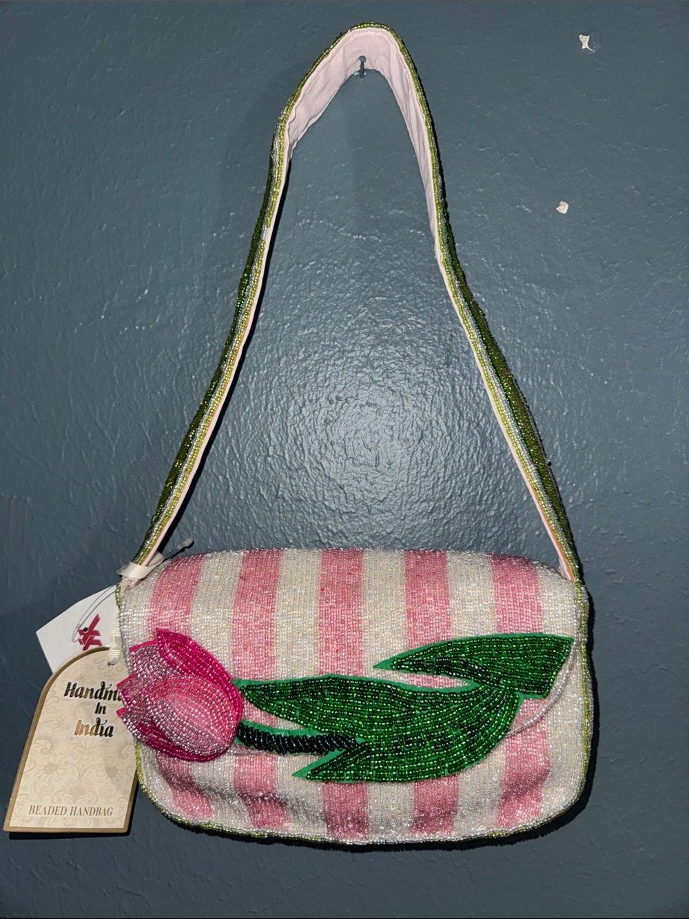 Handmade Pink Stripe Tulip Beaded Shoulder Bag